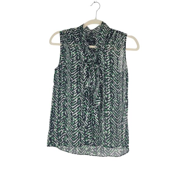 TALBOTS Petites 2P Green White Black Chevron Tie Front Sleeveless Sheer Blouse - Picture 1 of 6
